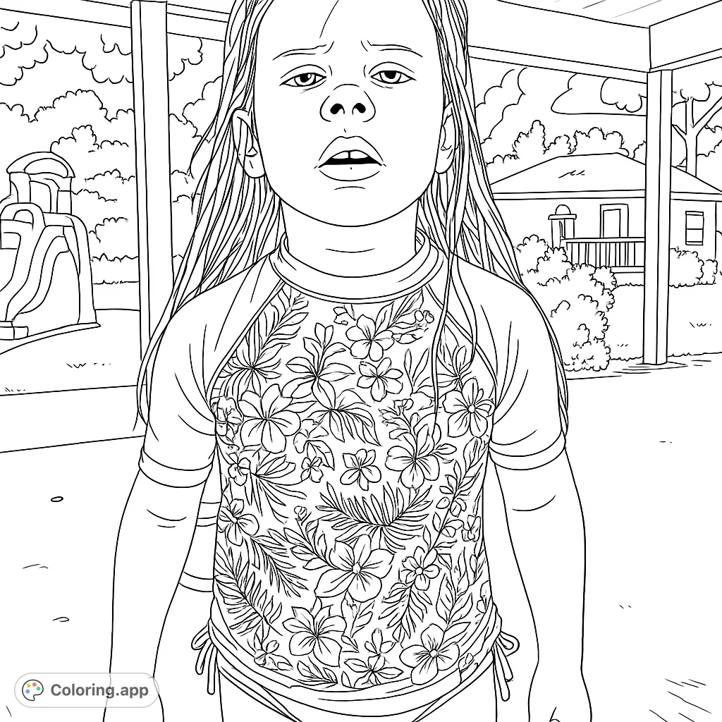 Capture the joy of summer with this child's tropical swim coloring page. Features a playful kid with wet hair and a patterned rash guard, ready for vibrant colors.