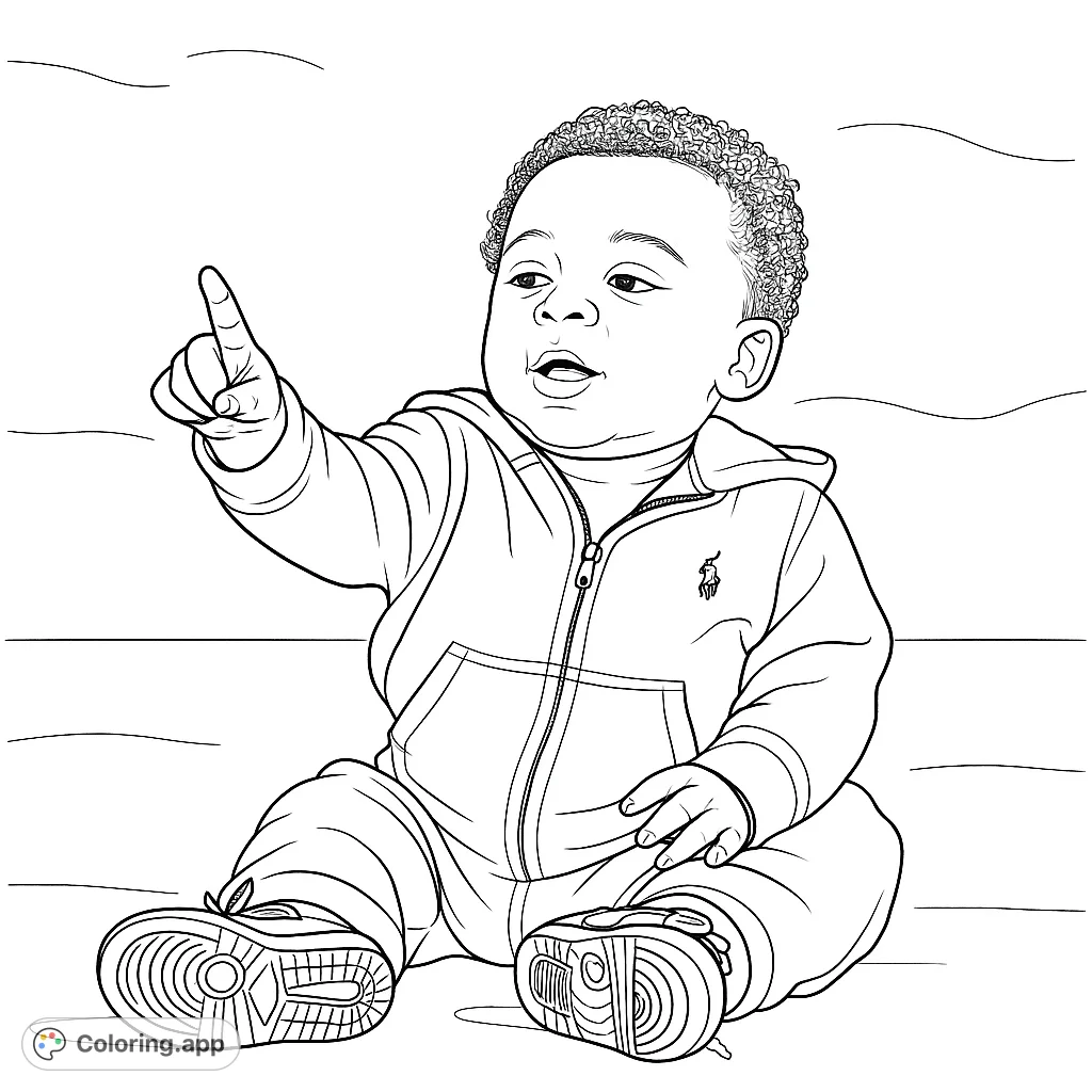 Capture the wonder of a curious baby pointing towards new discoveries. This adorable baby coloring page is perfect for all ages to enjoy.