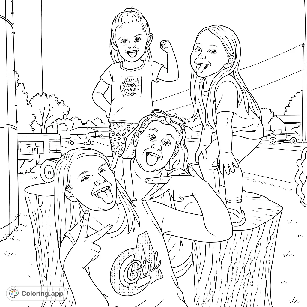 Capture the joy of a playful group making silly faces outdoors. This fun coloring page features friends and family on tree stumps, perfect for all ages.