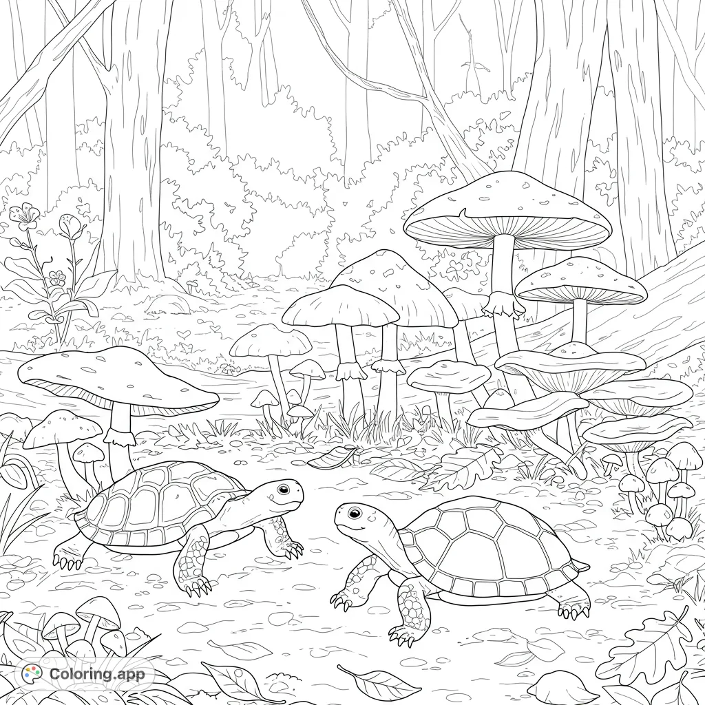 Explore a charming forest scene with various mushrooms and two gentle turtles. A delightful nature coloring page for all ages.
