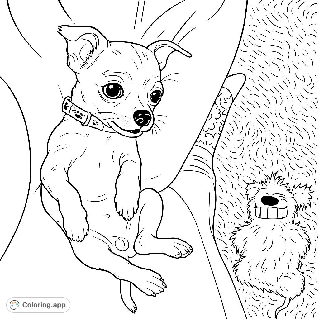 Capture the charm of a playful puppy lying belly up, complete with a patterned collar and a fun monster toy. A delightful scene for all dog lovers!
