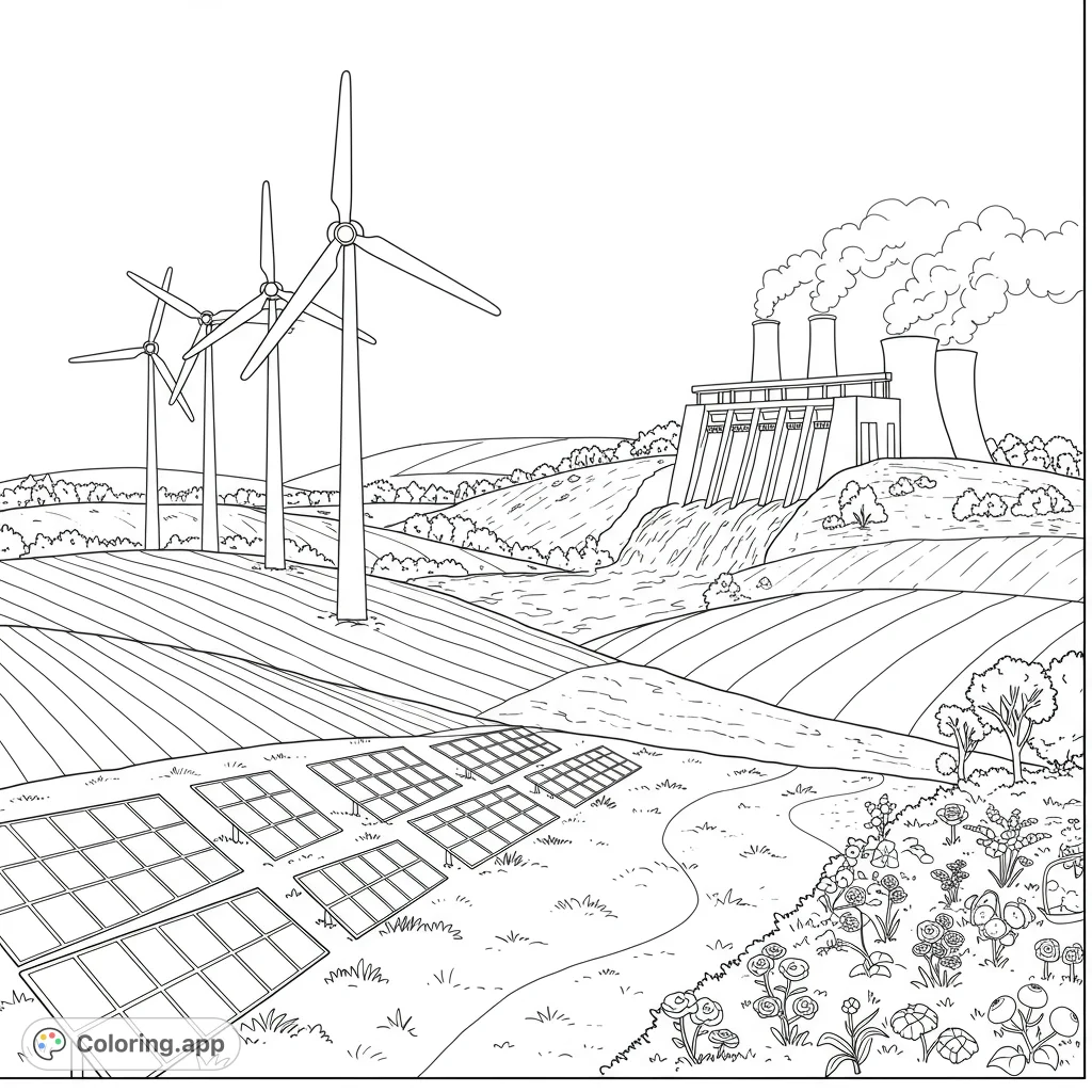 Explore a vibrant scene of sustainable energy sources! Color solar panels, wind turbines, hydroelectric dams, and more in this educational coloring page.