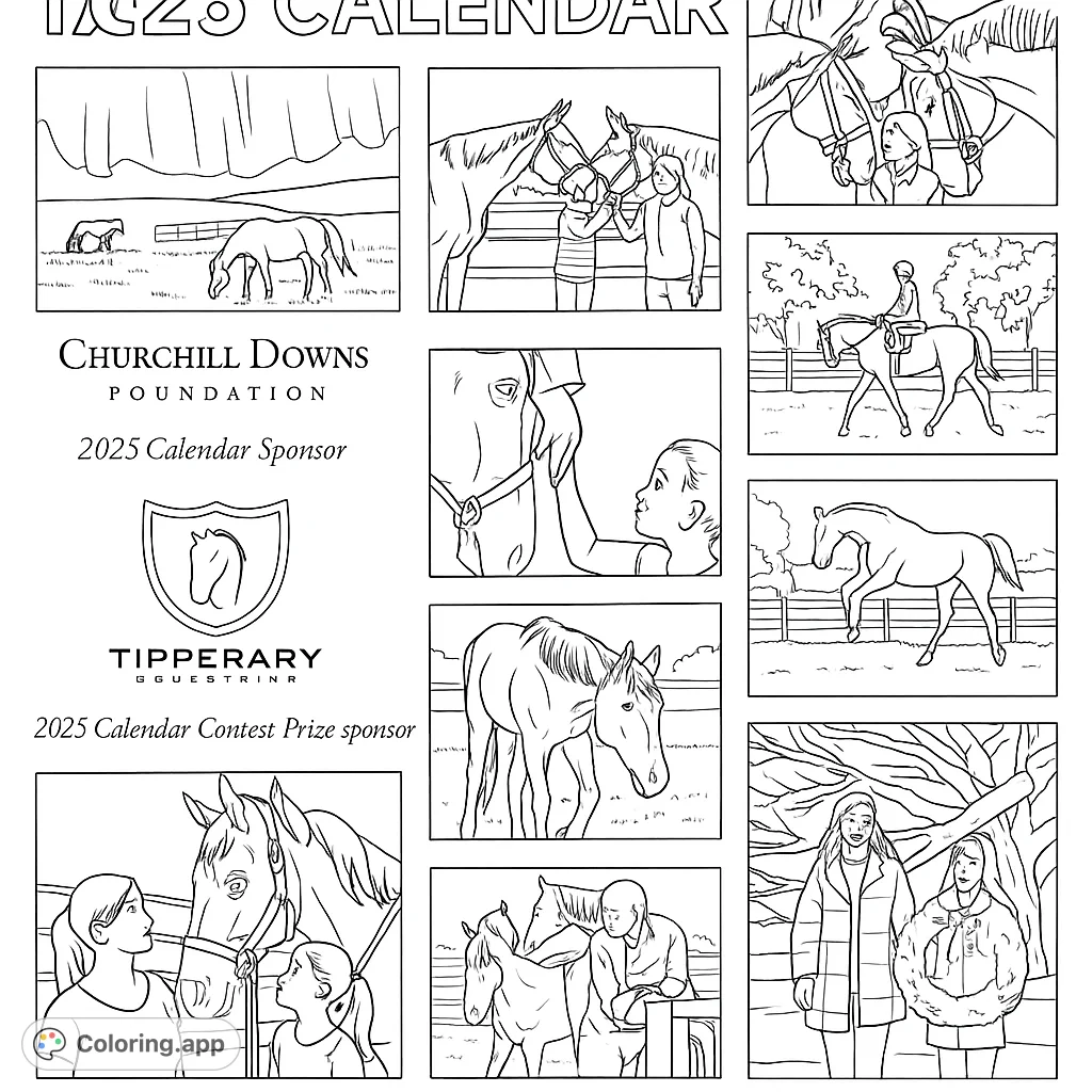 Discover a serene horse coloring page featuring a majestic horse and its human companion in a peaceful field, perfect for all ages to enjoy.