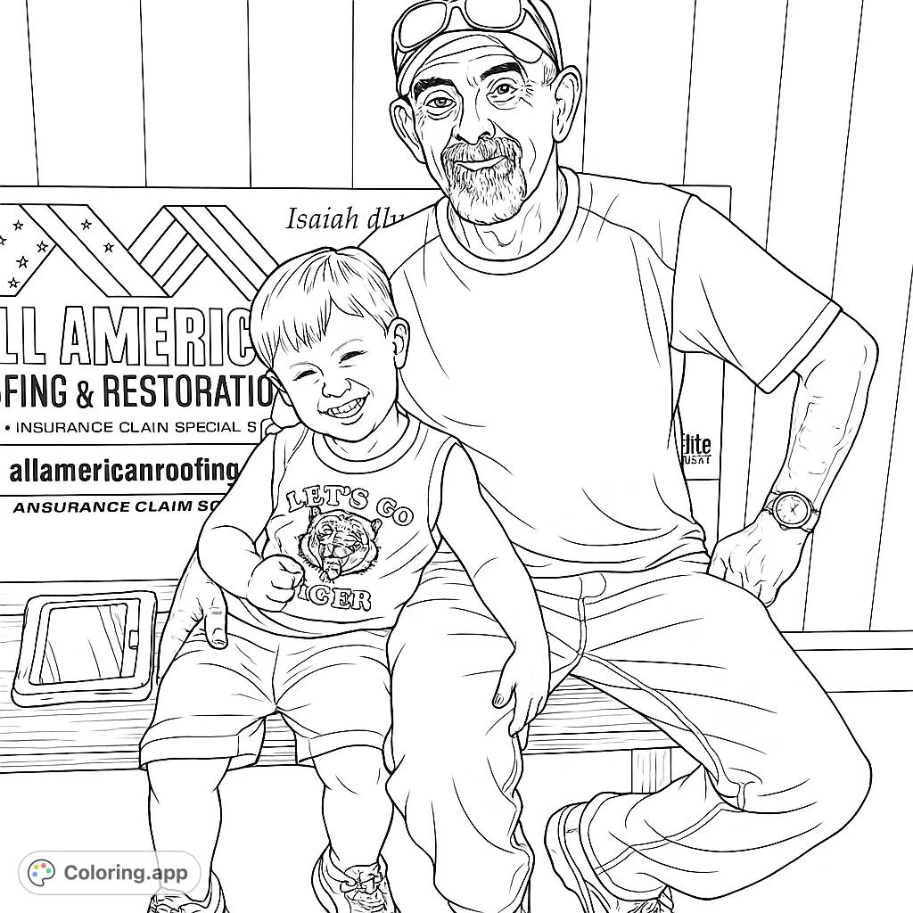Capture a heartwarming moment with this happy duo coloring page. A smiling man and boy share a bench, perfect for family-themed creative fun.