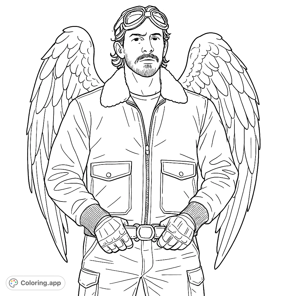 Soar into adventure with this winged aviator coloring page. Featuring a mysterious figure with goggles and large feathers, perfect for fantasy and steampunk fans.