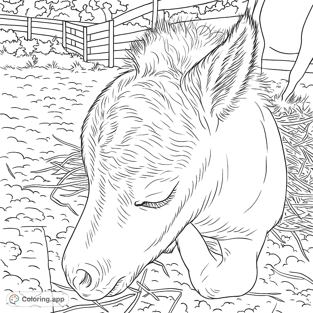Capture the serene moment of a young horse resting its head on the ground. This charming pony coloring page offers a peaceful scene with a textured background.