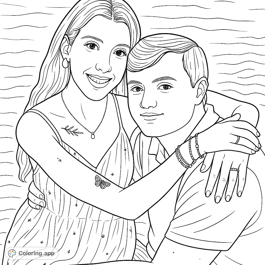 Capture a tender moment with this romantic couple's embrace coloring page. Features detailed clothing, jewelry, and a serene water background.