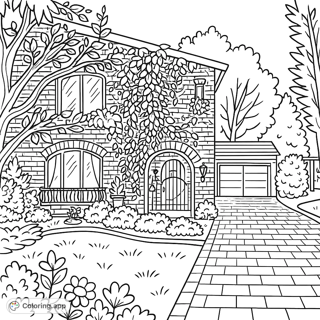 Explore a charming brick house with climbing vines, a detailed garden, and a patterned driveway, perfect for a delightful coloring adventure.