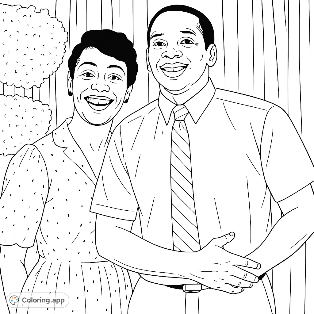 Capture the warmth of a smiling couple in this delightful portrait coloring page. Perfect for celebrating relationships and creating a personalized keepsake.