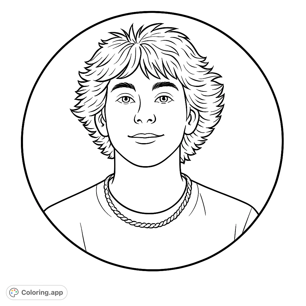 A captivating youthful portrait within a circular frame, featuring shaggy hair and a detailed chain. Perfect for personalizing.