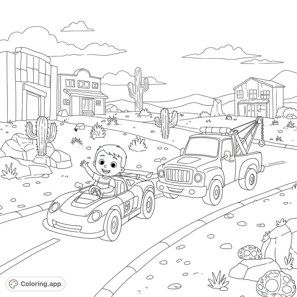 Join Noah, Lightning McQueen, and Mater in Radi Radiator Springs! A fun Cars coloring page for kids, featuring iconic characters and a lively desert town scene.