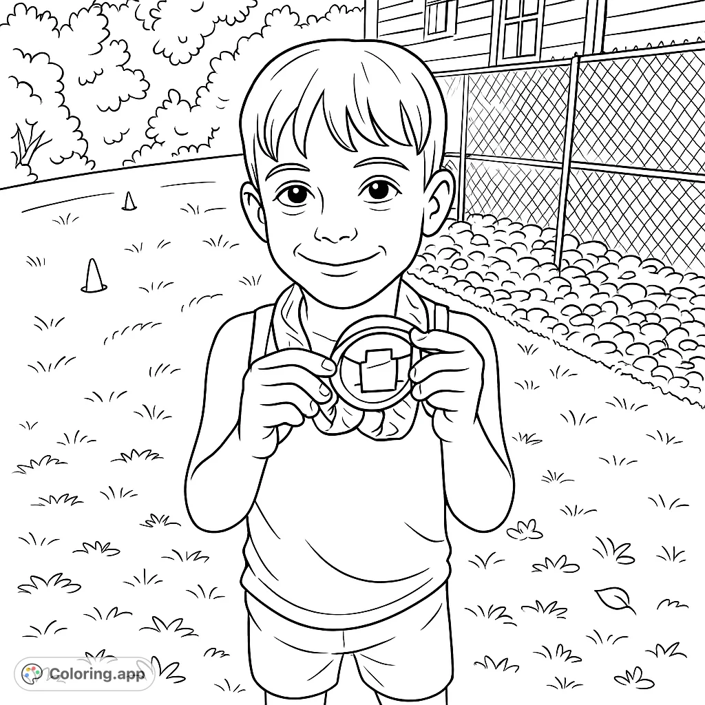 A cheerful boy proudly displays his medal, celebrating an achievement in an outdoor setting. Perfect for inspiring young champions!