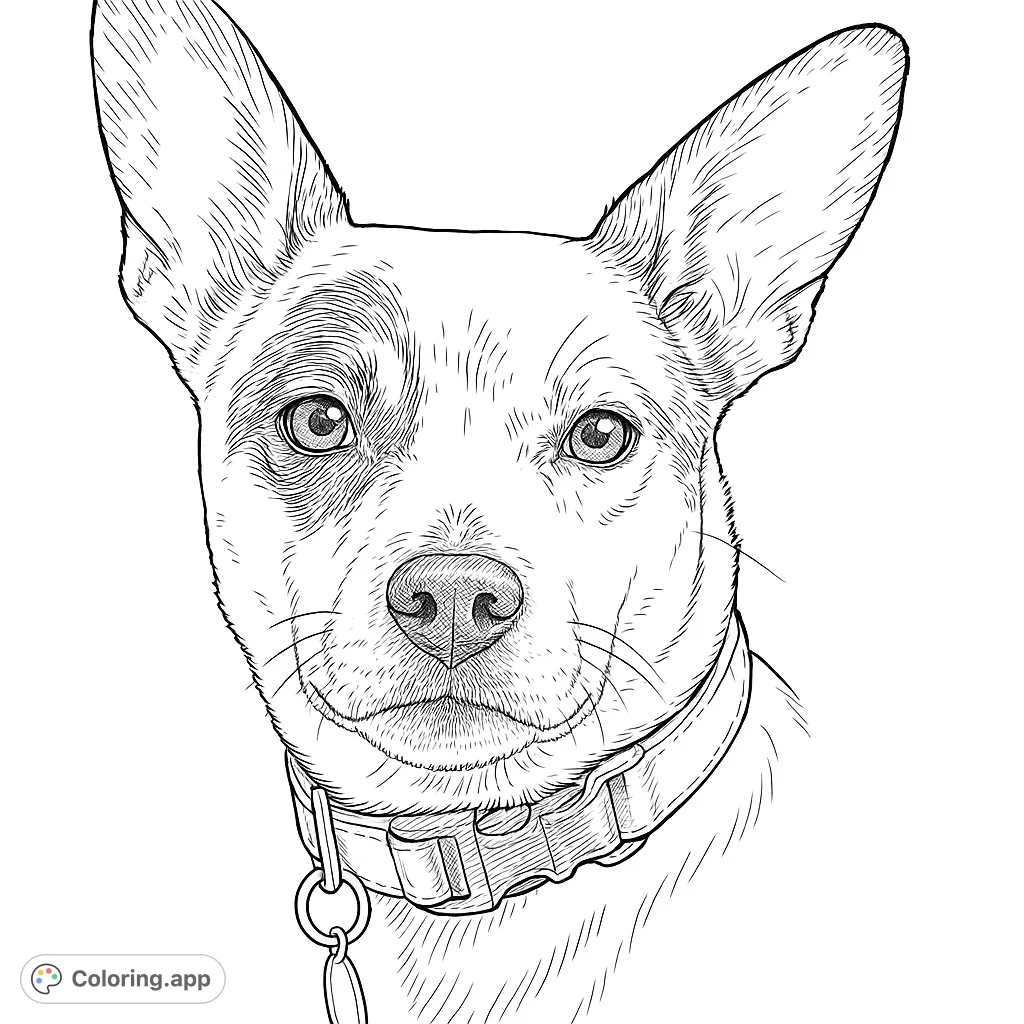 An expressive dog portrait coloring page, perfect for pet lovers. Features a detailed dog head with distinct markings and a collar, ready for your creative touch.