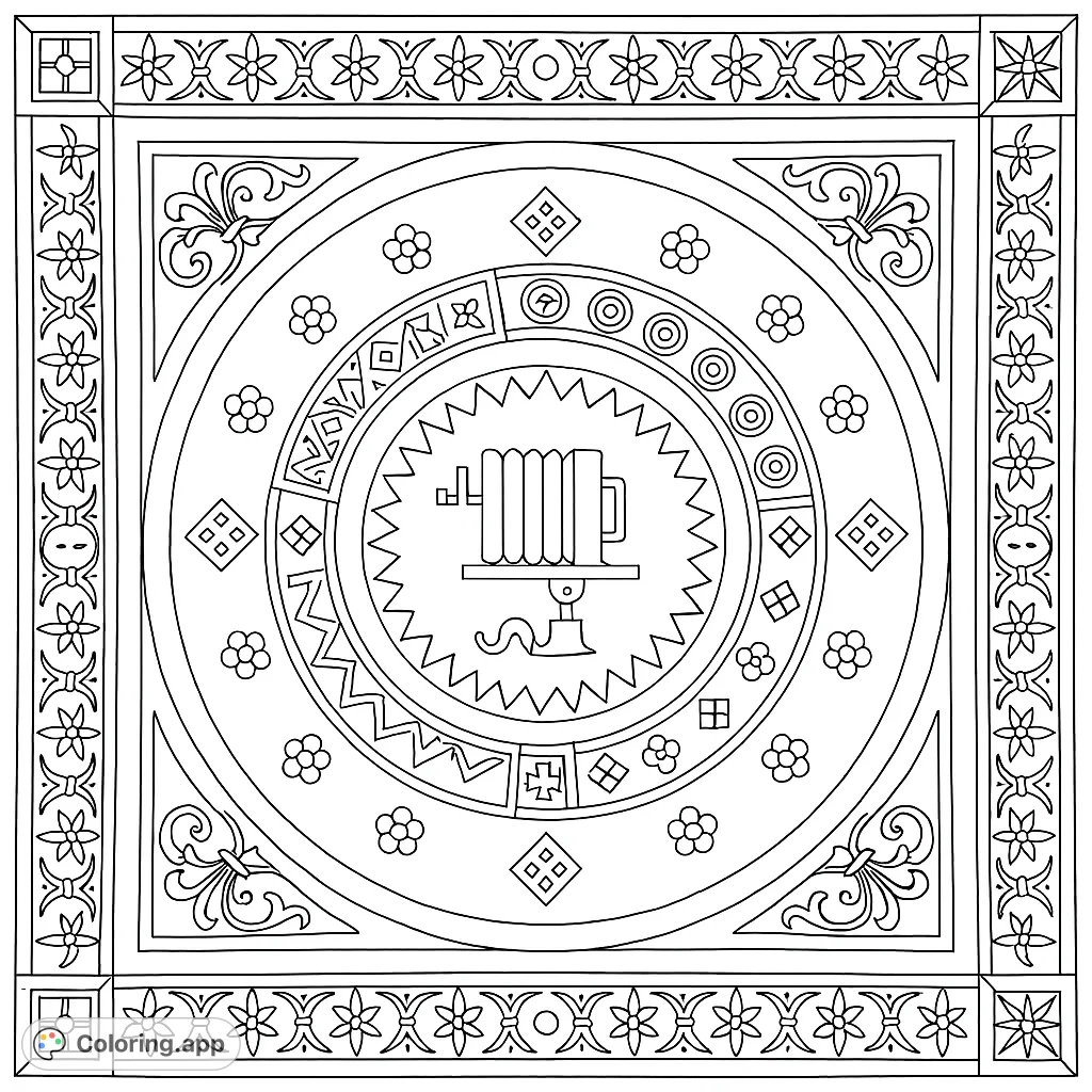 An intricate geometric accordion design with concentric patterns and ornate borders. Perfect for detailed coloring, offering a meditative and creative challenge.