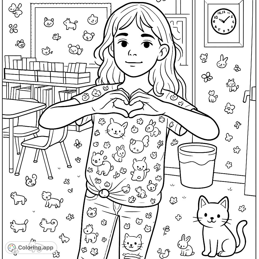 A charming child making a heart with her hands in a classroom, surrounded by playful animal motifs and a friendly cat. Perfect for young artists!