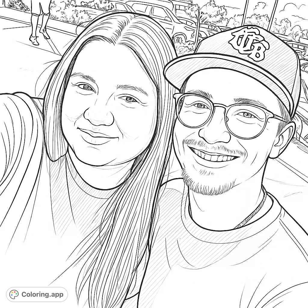 Capture the joy of friendship with this portrait coloring page featuring two smiling individuals in a casual outdoor setting, perfect for all ages.