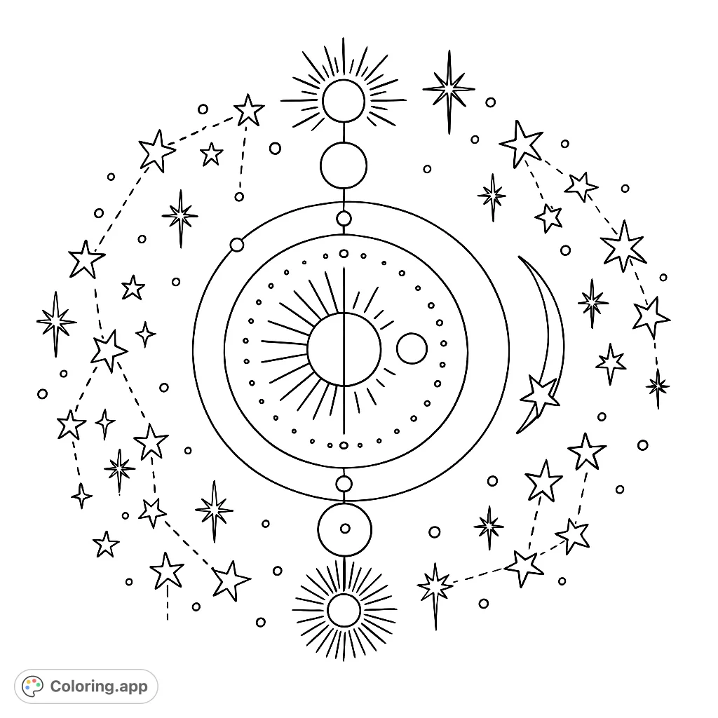 Explore a celestial alignment with stars, sun, moon, and cosmic patterns. A meditative and intricate design perfect for mindful coloring and creative expression.