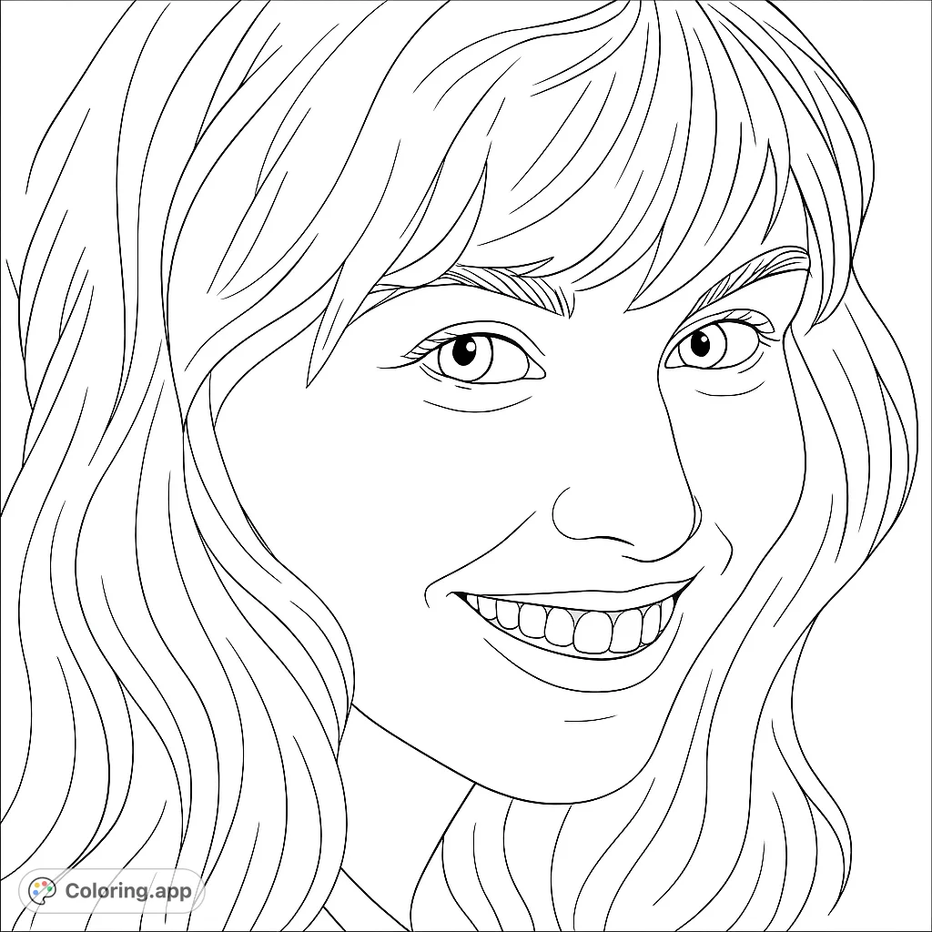 A delightful coloring page featuring a close-up portrait of a smiling woman with flowing hair, perfect for adding your personal touch and exploring shading.