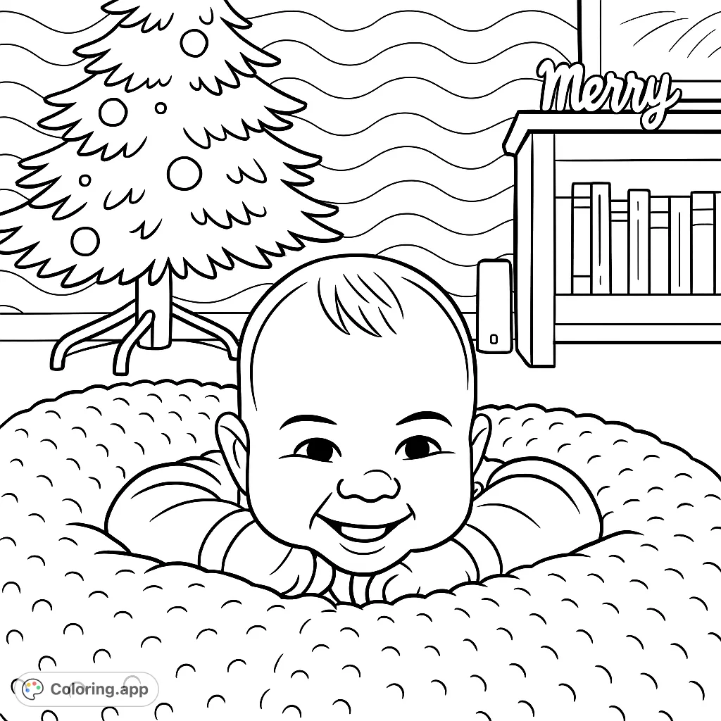 A heartwarming baby coloring page featuring a smiling infant on a soft pillow, with a festive tree and bookshelf in the background. Perfect for holiday cheer!