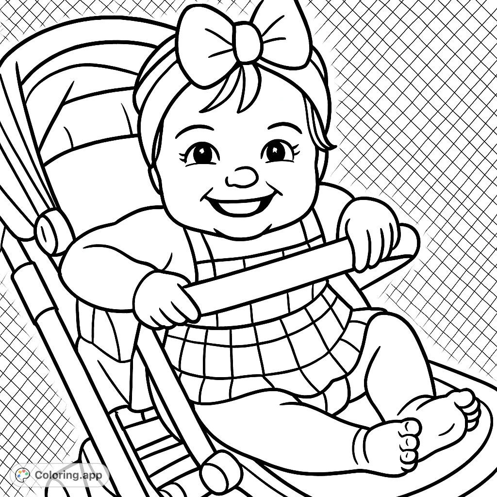 A delightful baby in a stroller, wearing a big bow and a patterned outfit, smiling brightly. This happy baby coloring page is perfect for a joyful creative adventure!
