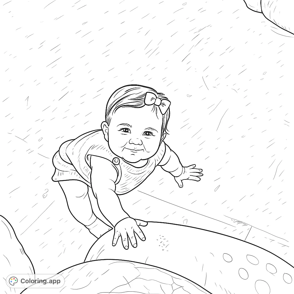 Capture the joy of a happy baby exploring a play area. This delightful coloring page features a smiling infant on a textured mat, perfect for all ages.