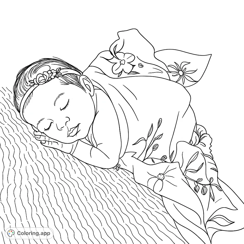 A serene newborn baby sleeps peacefully, adorned with a delicate floral headband and wrapped in a patterned swaddle, resting on a textured blanket.