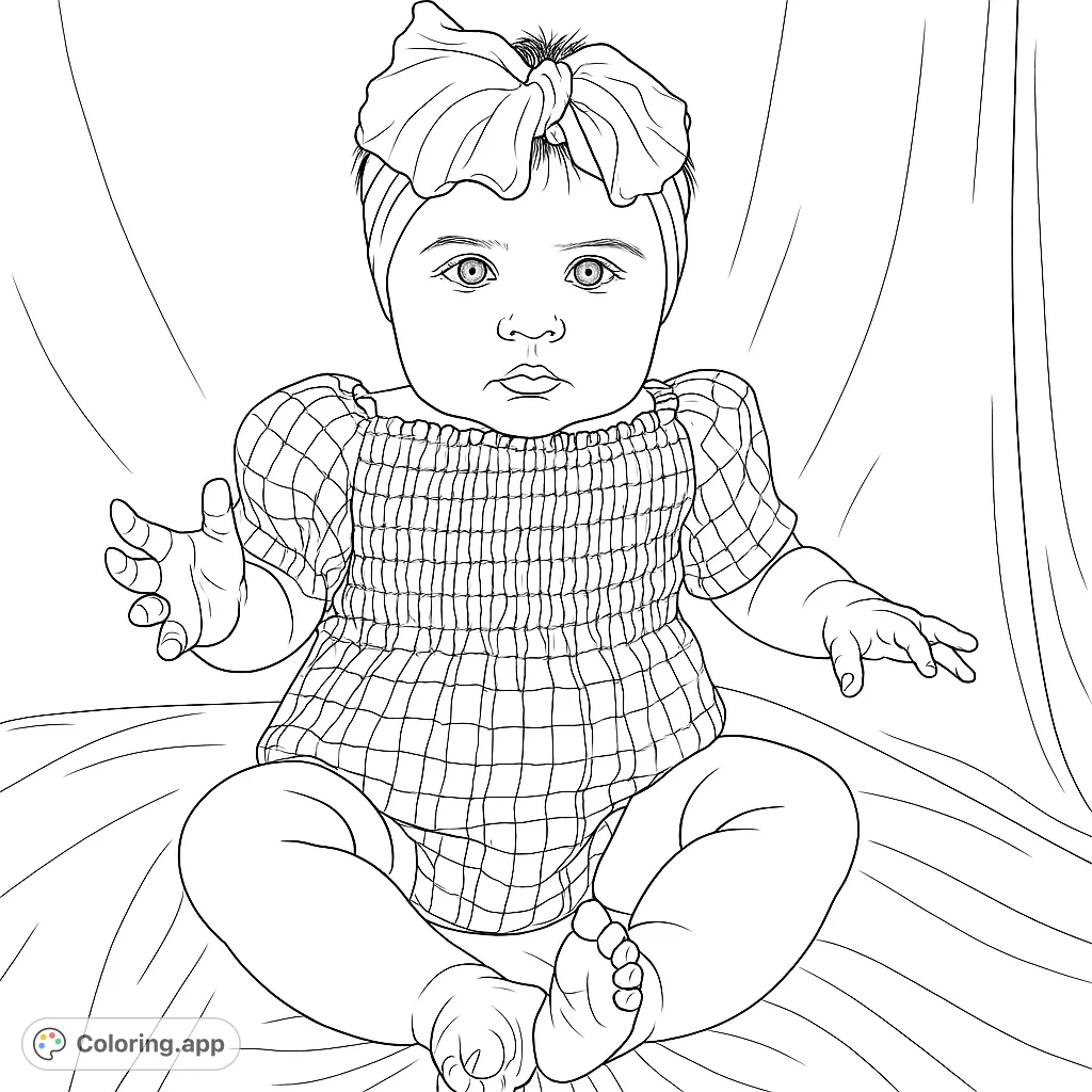 Capture the innocence of a baby in a charming gingham romper and bow. A delightful baby coloring page for all ages, perfect for creative expression.