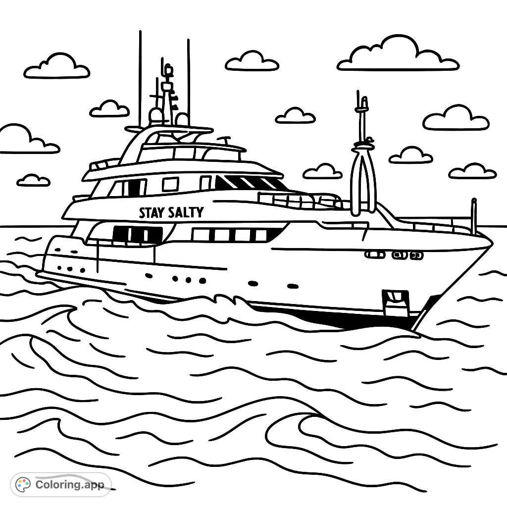 Embark on a grand ocean adventure with this luxury yacht coloring page. Features a sleek vessel cruising through waves under a cloudy sky.