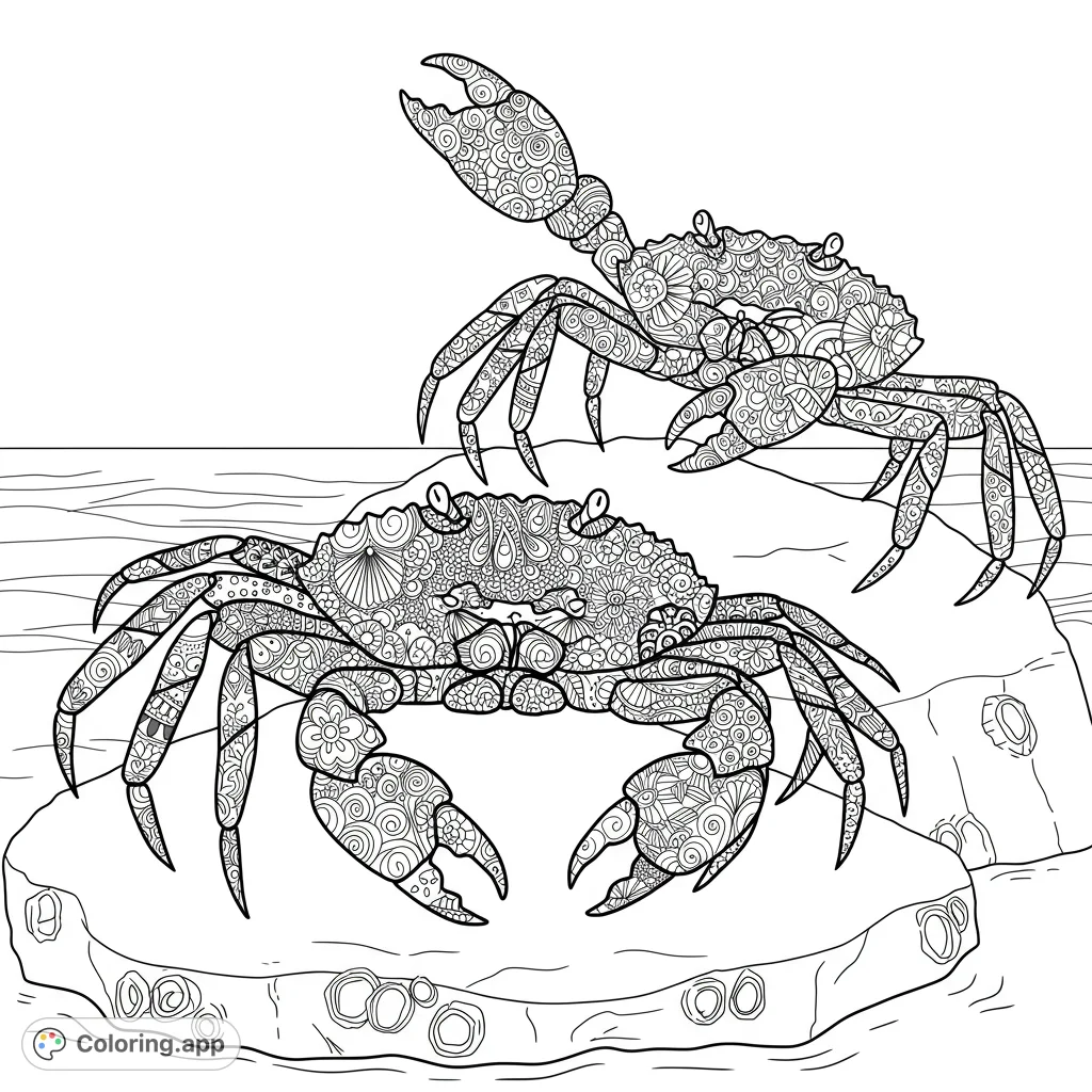 Discover a unique crab coloring page featuring two intricately patterned crabs on a rugged rock, set against a vast ocean horizon. Perfect for detailed coloring.