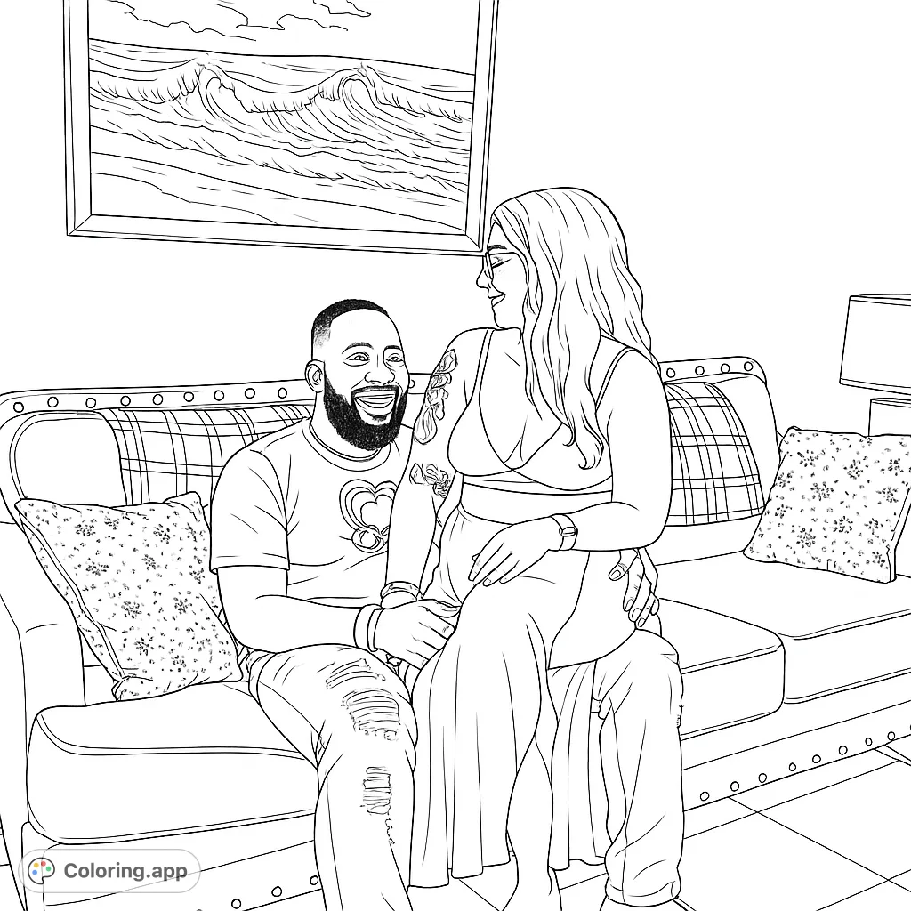 Capture a heartwarming scene of a couple sharing a joyful moment on a couch, surrounded by home decor. Perfect for adult coloring pages.