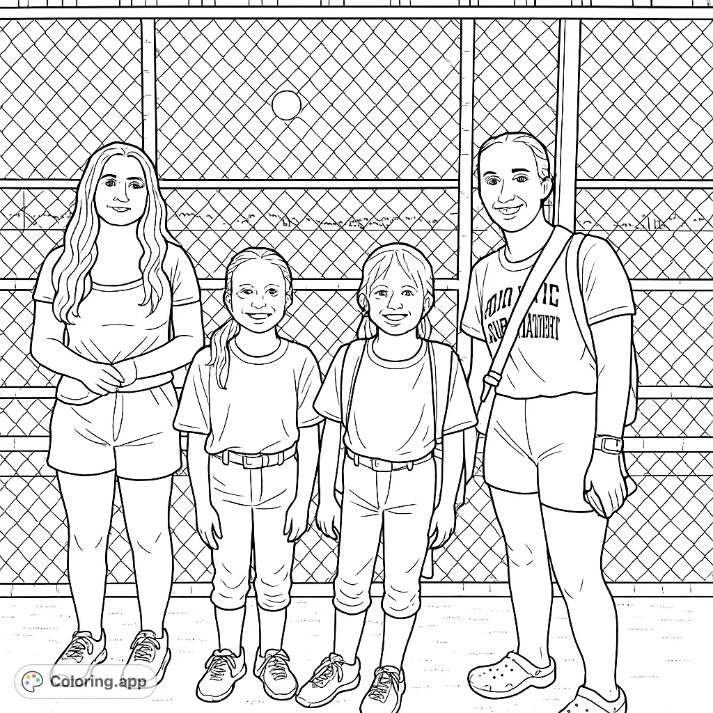 Capture the spirit of teamwork with this softball-themed coloring page featuring two young players and their adult companions. Perfect for sports fans!
