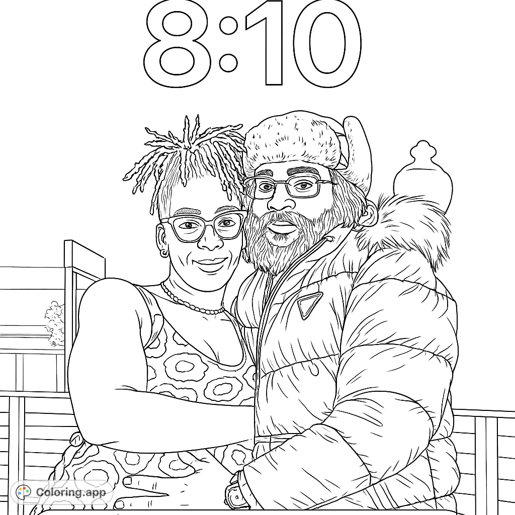 A heartwarming portrait of a couple embracing, featuring intricate details on their attire and accessories. Perfect for a romantic coloring experience.