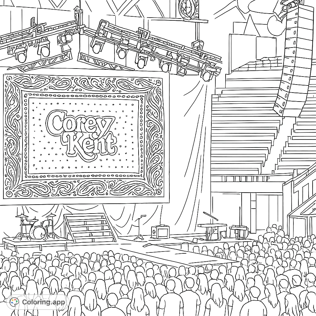 Immerse yourself in a lively concert scene featuring a stage with a band banner, drum set, and an excited crowd. Perfect for music lovers.