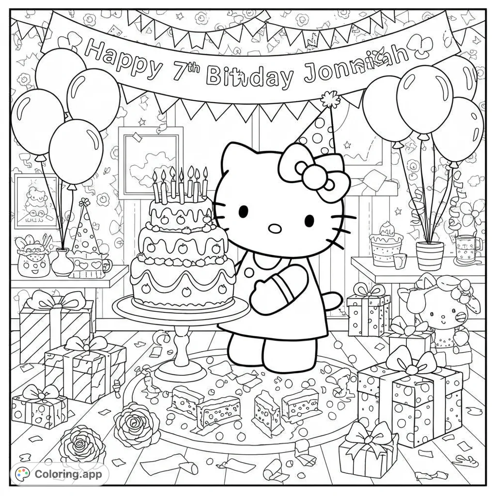 Celebrate Joniah's 7th birthday with Hello Kitty! This free printable Hello Kitty coloring page features a festive scene with cake, balloons, and gifts.
