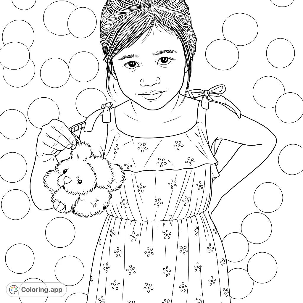 A charming coloring page featuring a young girl in a patterned dress, holding a whimsical fluffy creature, set against a soft, diffused background.