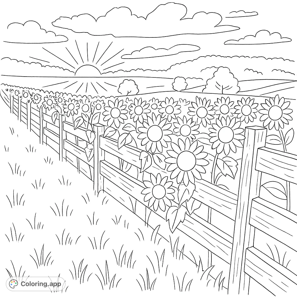 A serene sunflower field at sunset, featuring a rustic wooden fence and rolling hills. A peaceful nature scene perfect for a relaxing coloring experience.