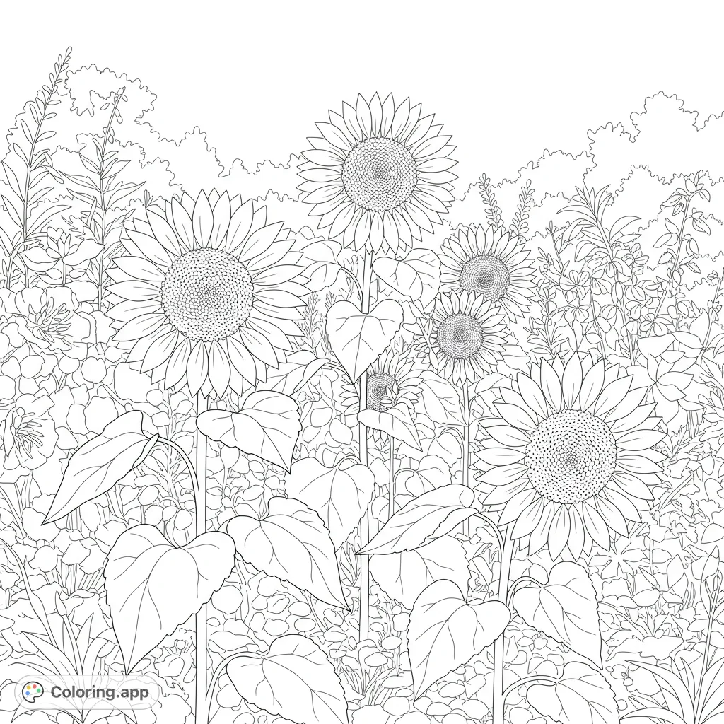 A beautiful sunflower garden under a bright sky, featuring large sunflowers with detailed petals and leaves, surrounded by lush garden foliage.