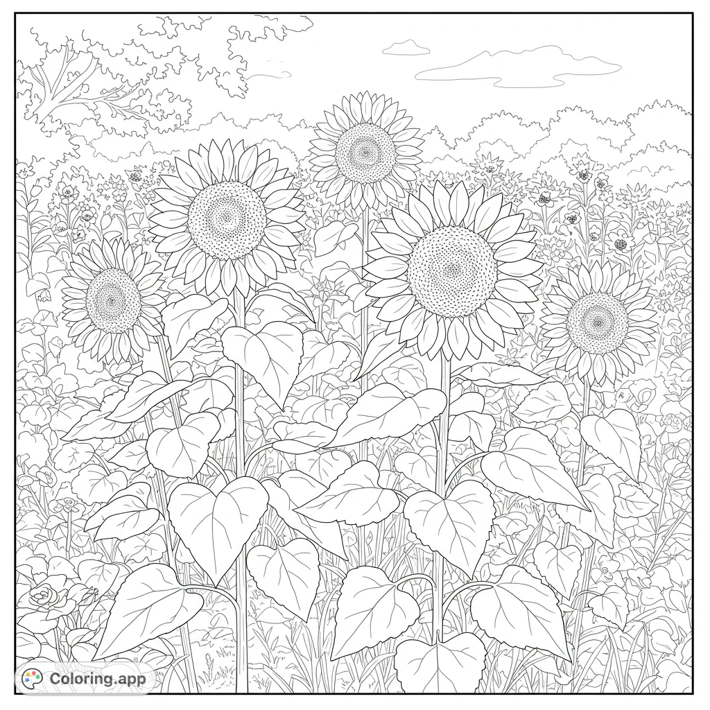 A beautiful sunflower garden under a bright sun, perfect for a relaxing coloring experience. Features tall sunflowers with broad leaves.