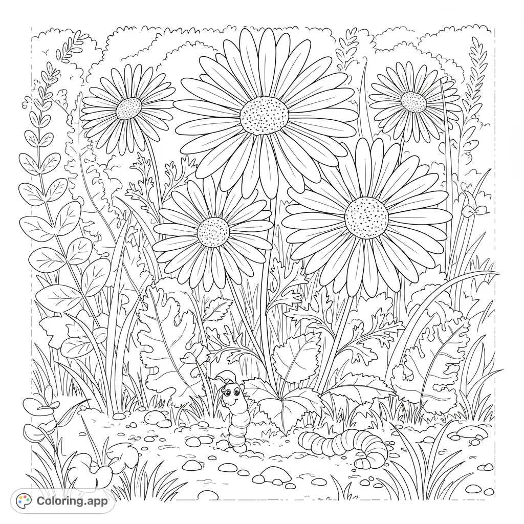 A charming garden scene with blooming daisies and a friendly wiggly worm. Perfect for nature lovers of all ages to bring to life with color.