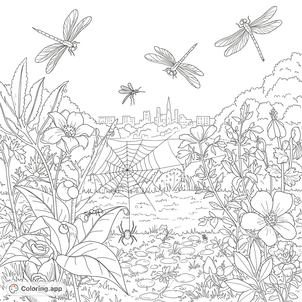 Explore a detailed garden scene with various insects, including spiders, ants, and graceful dragonflies, set against a distant city skyline.