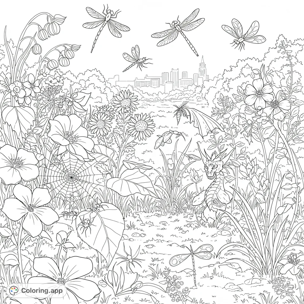 Explore a detailed garden scene with various insects, including spiders, ants, and graceful dragonflies, set against a distant city skyline.