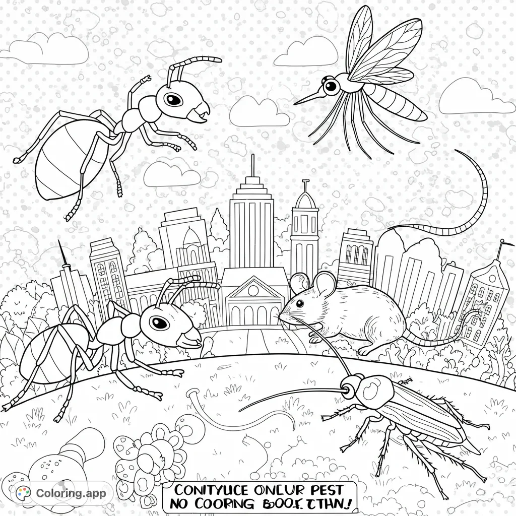 Discover a whimsical collection of Syracuse pests—ants, mice, mosquitoes, and cockroaches—amidst a stylized cityscape and playful polka dots.