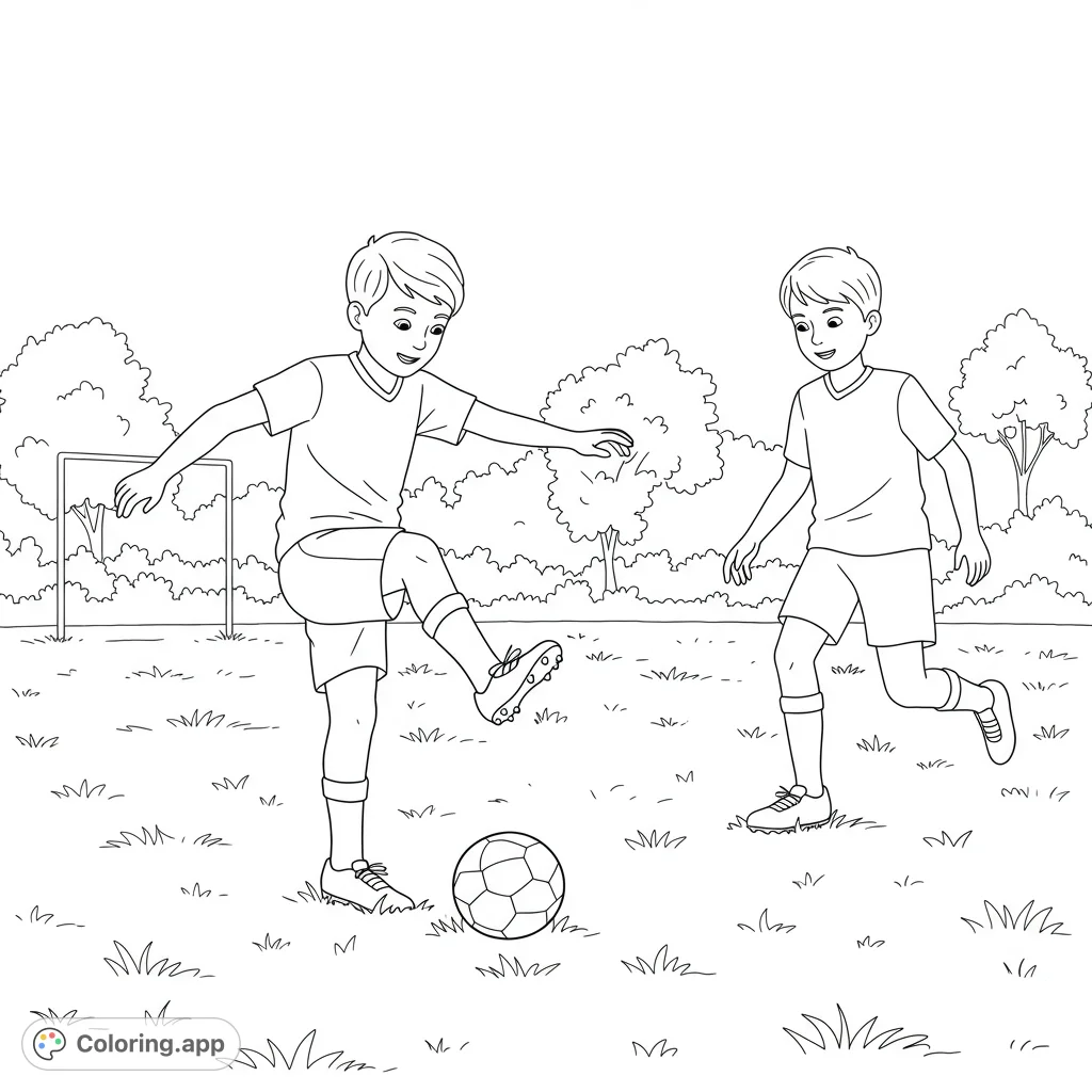 Dynamic scene of two boys playing football on a grassy field. Perfect for young sports enthusiasts to color and bring to life with vibrant hues.