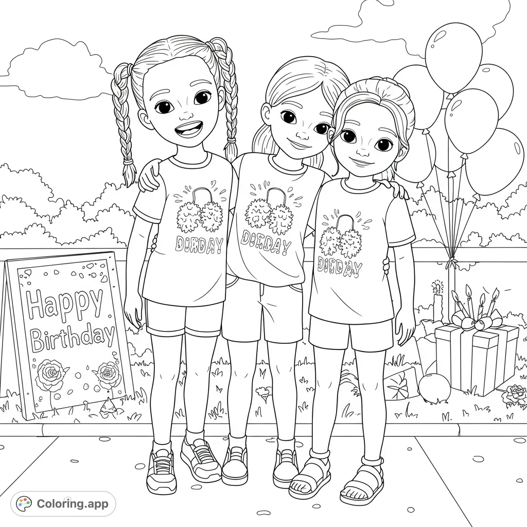 Celebrate with this Happy Birthday Girls coloring page! Two cheerful girls, a festive sign, and balloons await your creative touch.