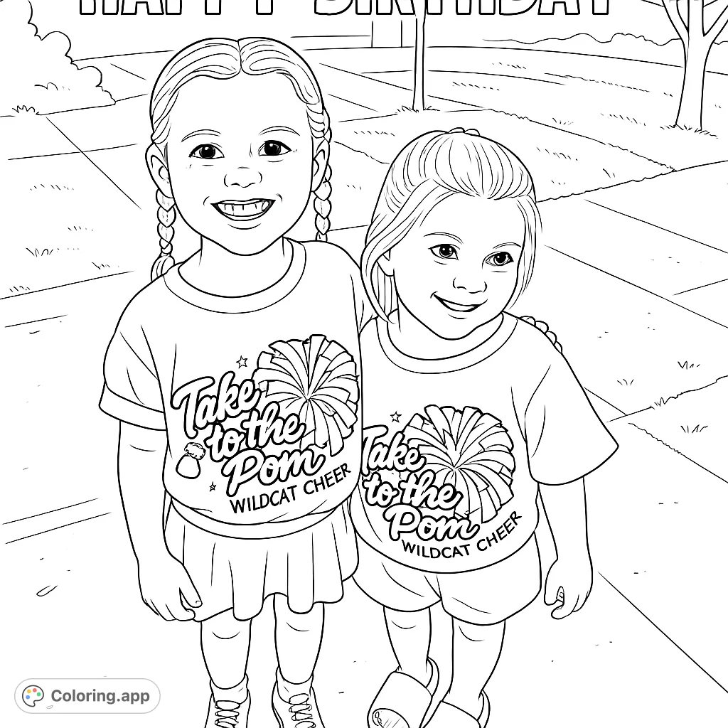 Two cheerful girls in matching cheer shirts, ready for fun. A delightful scene for a happy birthday coloring page, celebrating friendship and team spirit.