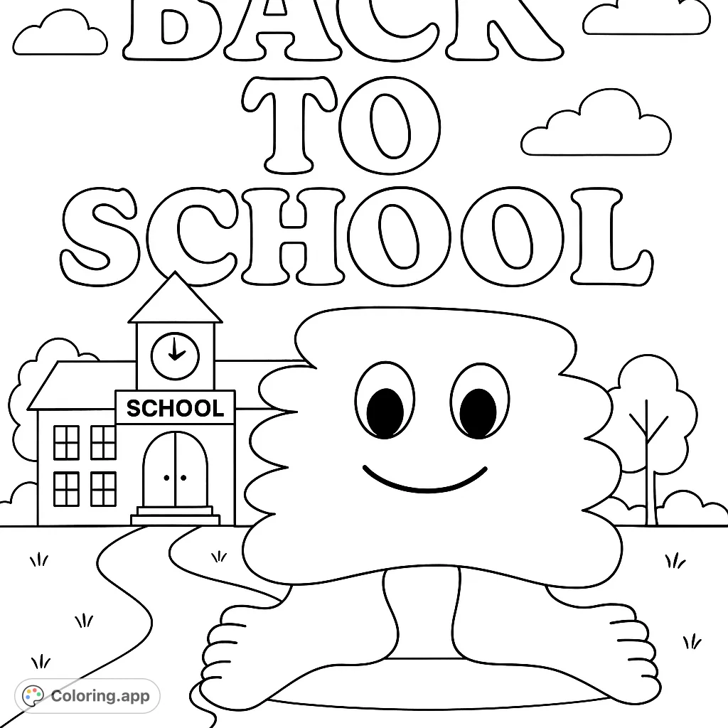 Get ready for school with this fun coloring page featuring a friendly character, a classic schoolhouse, and a welcoming path. Perfect for young learners!