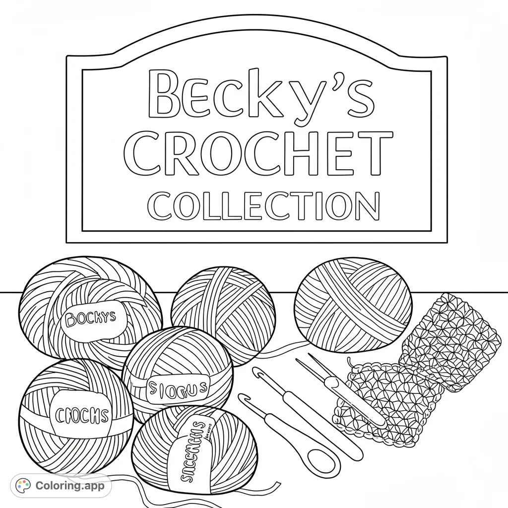 A charming Becky's Crochet Collection coloring page featuring simple yarn balls, crochet hooks, and a decorative sign, perfect for easy, relaxing coloring.