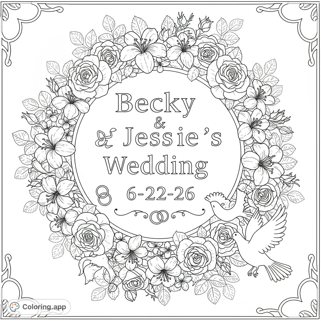 A beautiful wedding-themed coloring page featuring a personalized date and names, surrounded by elegant floral and celebratory motifs.