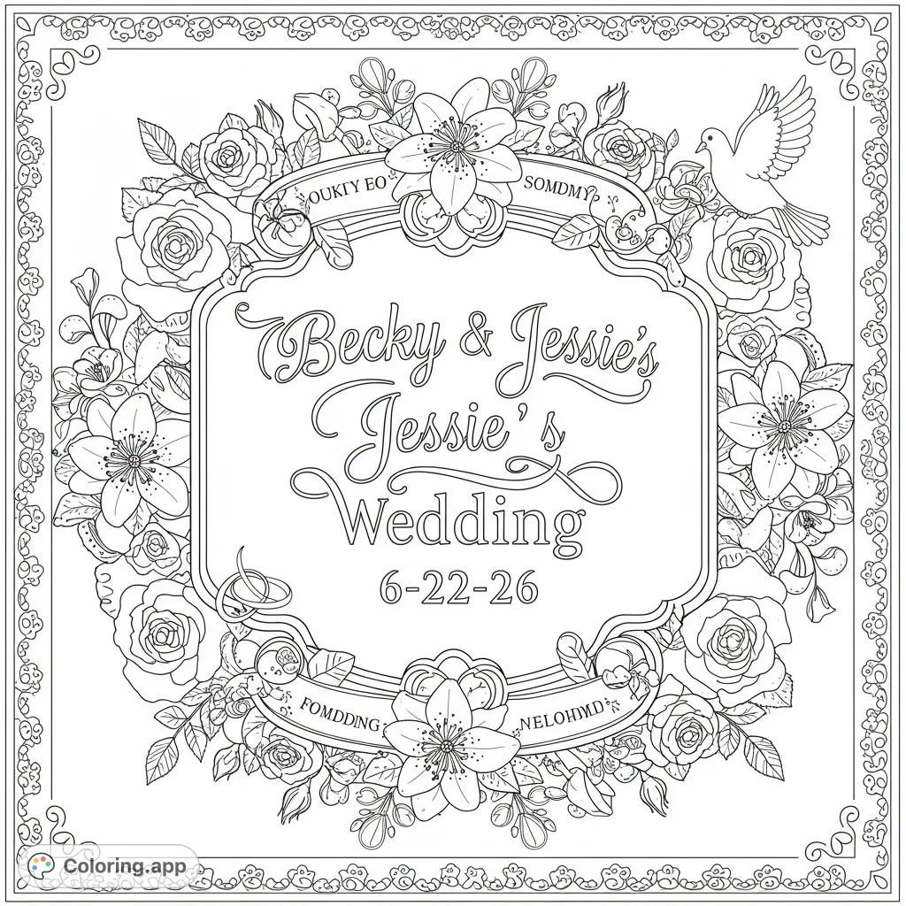 A beautiful wedding-themed coloring page featuring a personalized date and names, surrounded by elegant floral and celebratory motifs.
