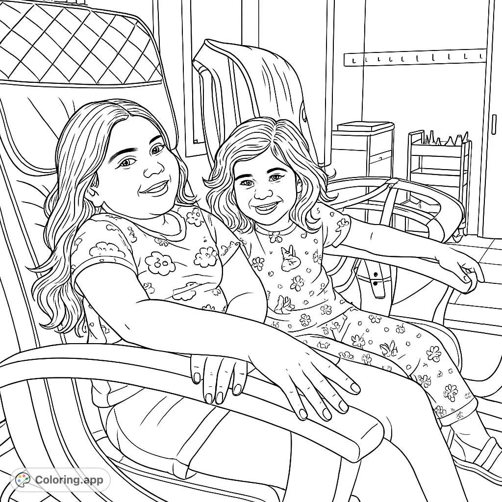 Two happy girls enjoying a relaxing spa day, sitting in comfortable chairs. A delightful scene for a fun coloring experience.